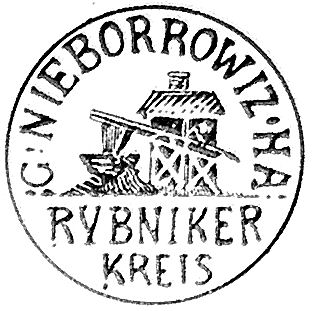 pieczęć Kuźni Nieborowskiej (Nieborowitz Hammer) nawiązująca do istniejacej tam od początku XIXw. kuźnicy. 

