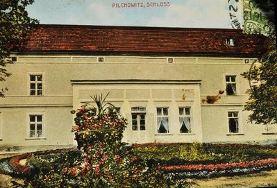 Zamek i ogrody na kolorowej widokówce wysłanej w 1920r. (ujęcie od obecnej ulicy Damrota)
