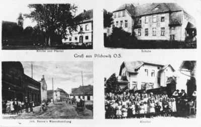 U góry po lewej Kościół i plebania, po prawej szkoła (przy obecnej ul. Powstańców ).U dołu po lewej ul. Dworcowa(po lewej sklep Barona, po prawej dawna szkoła parafialna), po prawej Marienstieft - dzieci przebywające na koloniach  pod opieką si
